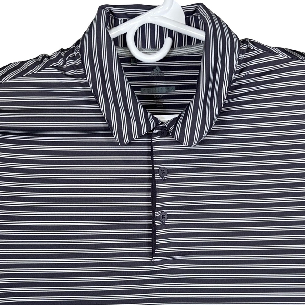 Adidas Golf Mens Navy White Striped Short Sleeve Polo Shirt Large Logo